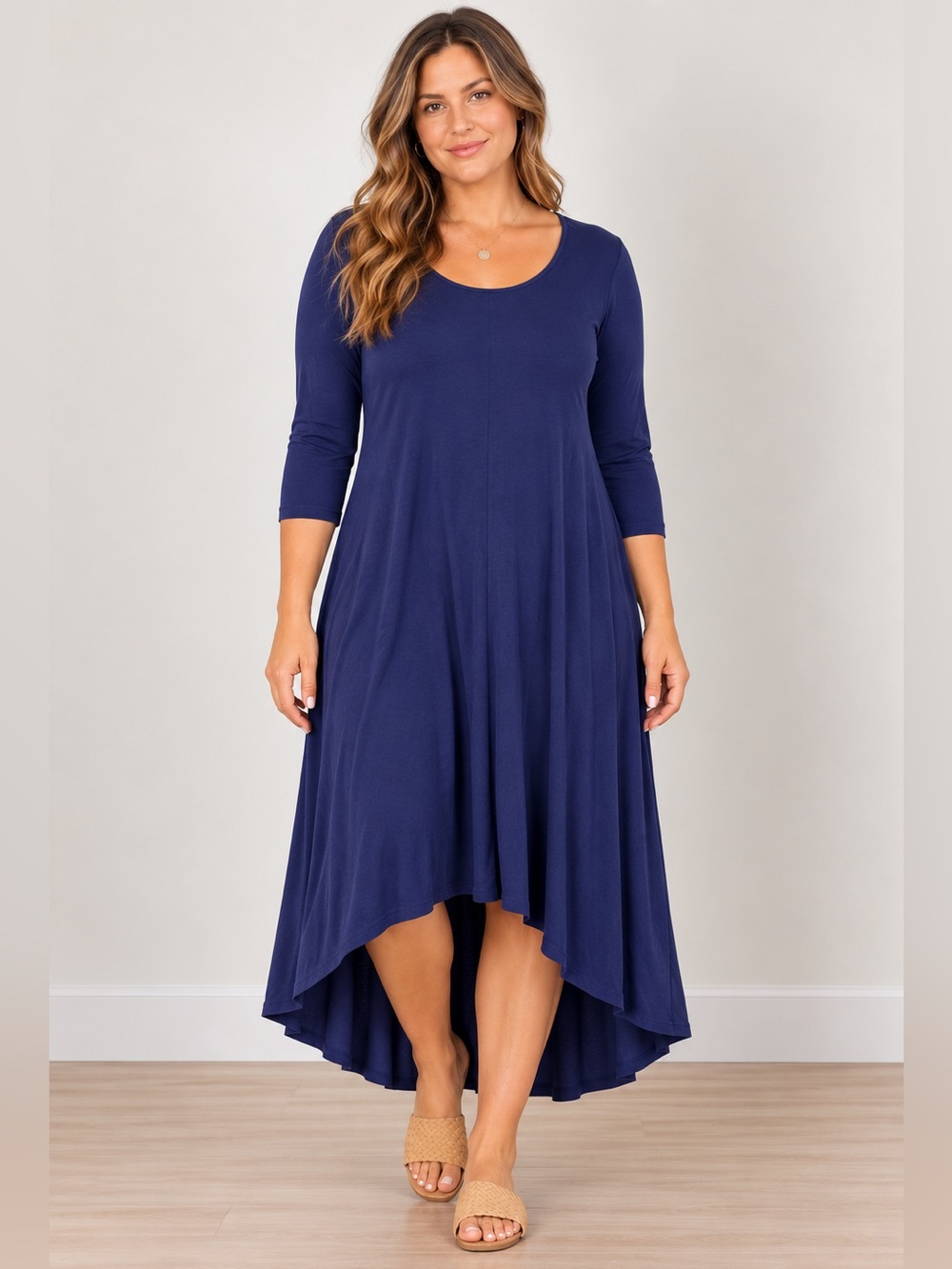 Zenana Outfitters Navy Blue Midi Dress Long Sleeve L